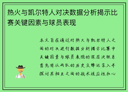 热火与凯尔特人对决数据分析揭示比赛关键因素与球员表现