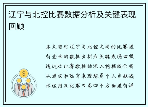 辽宁与北控比赛数据分析及关键表现回顾